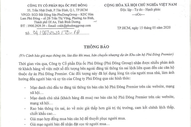 THÔNG BÁO CẢNH GIÁC LỪA ĐẢO MUA, BÁN CHUYỂN NHƯỢNG CĂN HỘ PHÚ ĐÔNG PREMIER